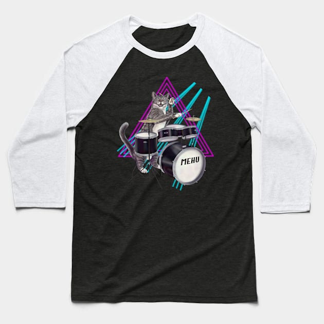 Cat Drummer - Rock band kitty playing the drums Baseball T-Shirt by Mehu Art